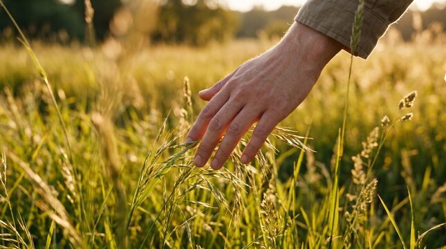 Hand gently touching tall wild grass in golden sunset meadow