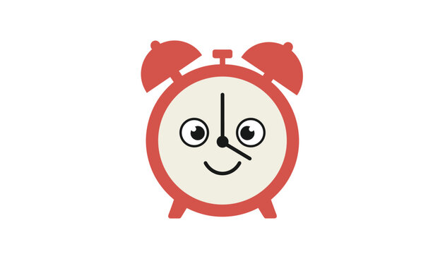 Cute cartoon red alarm clock displays cheerful smiling face with big eyes isolated on clean white background.