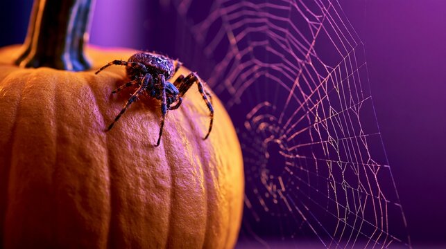 Halloween Holiday Theme. a spider perched on a pumpkin. The pumpkin is a rich, warm orange, contrasting with the spiders dark, speckled body. The spiders web is intricately detailed.