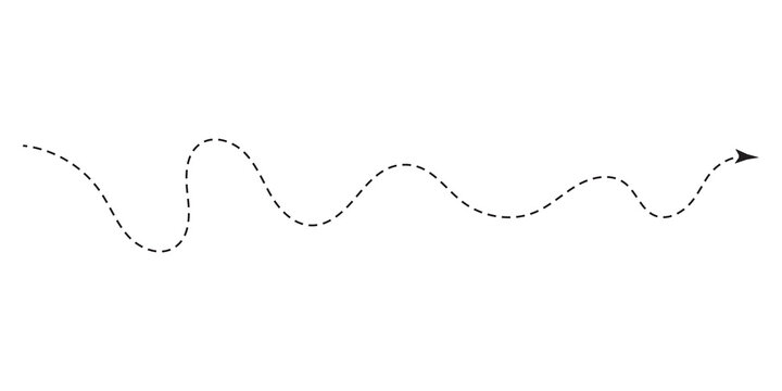Abstract dashed curved flight path with arrow, wavy travel route line.