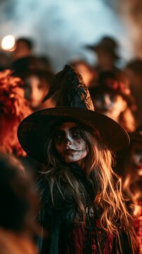Halloween Holiday Theme. a group of individuals dressed in Halloween costumes. The main subject is a woman wearing a pointed witchs hat, her face painted with dark, smeared makeup. Her long.