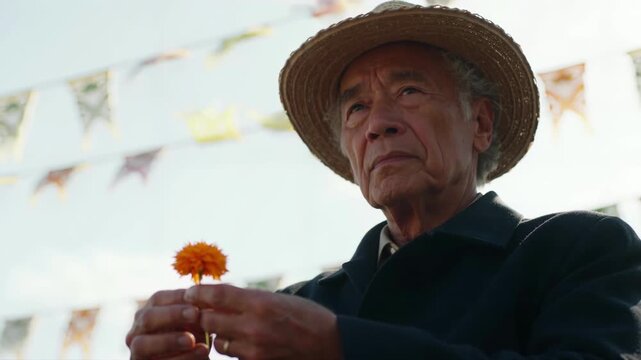 Captures Elderly Man In Foreground To Of Asian Descent Wearing Straw Hat Dark Coat Lighter Colored Shirt Underneath Facial Expression