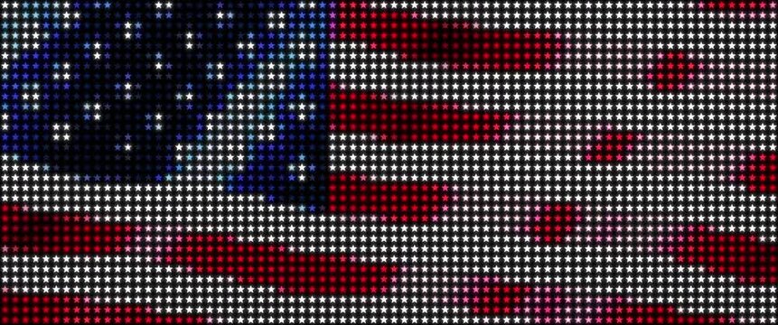 Widescreen animated American flag pattern with luminous star pixels, bold red and white stripes and a blue star field, designed for concerts, celebrations and live visuals