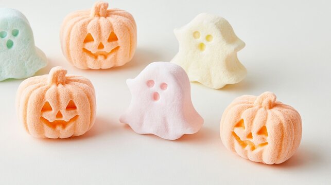 Halloween Holiday Theme. a collection of Halloweenthemed marshmallows, each shaped like pumpkins and ghosts. The pumpkins are intricately carved with jackolantern faces, eyes, and noses.