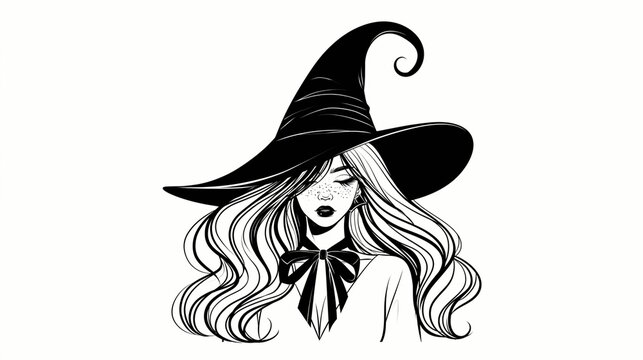 Halloween Holiday Theme. a young woman with long, wavy hair. She wears a widebrimmed witchs hat with a distinct, curvilinear design. Her face is adorned with freckles, and she has closed eyes.