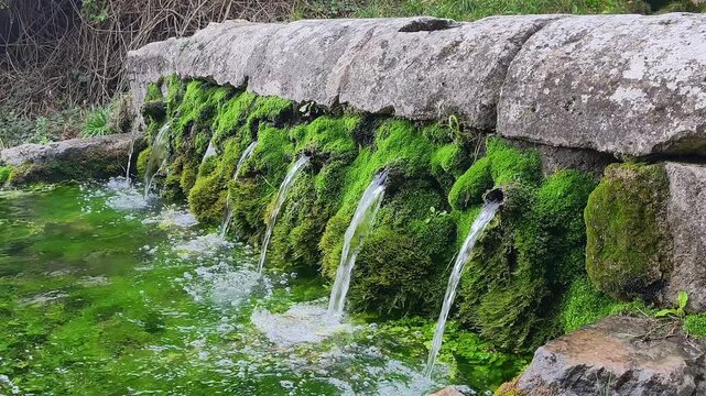 Moss-Covered Stone Fountain Flowing from Multiple Spouts