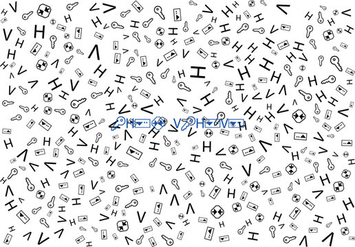 Abstract checkerboard pattern with repeating shapes, letters and symbols randomly arranged.