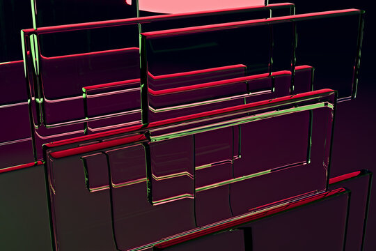 Close-up of layered 3D crystal slabs with crimson edges