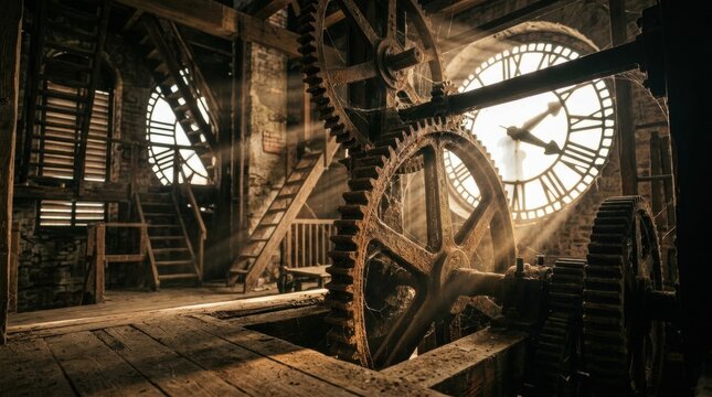 Dusty rusty clockwork gears inside old clock tower with sunlight streaming through large Roman numeral face for vintage clockwork concepts.