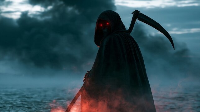 Halloween Holiday Theme. a grim reaper standing against a stormy sky. The reaper wears a hooded cloak and holds a long, curved scythe, emitting a fiery orange glow. The sky is filled with dark.
