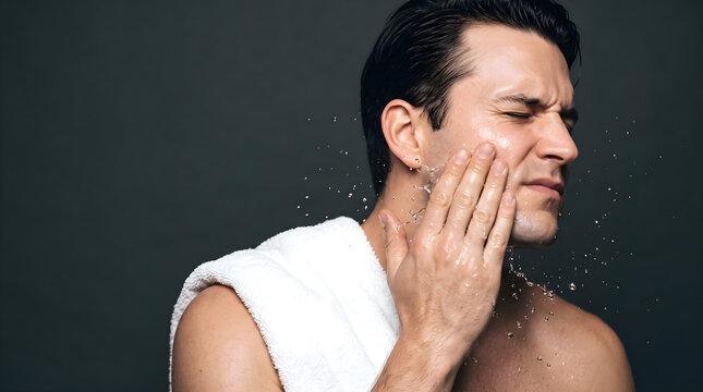 Clean-shaven young American man in his 20s slapping aftershave onto his cheek with liquid droplets on deep charcoal grey background with copy space, men's shaving aftercare and skin soothing concept
