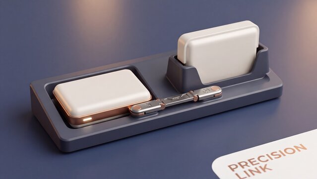 Conceptual render of two white tech modules on a navy dock joined by a metal connector link, visualising device pairing, precision hardware and seamless data connection design