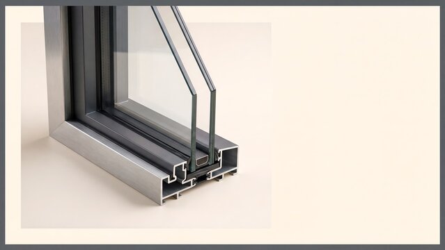 Aluminium window frame with double glazed insulated glass shown in cross section on a cream surface, supporting energy efficient glazing, window manufacturing and thermal design
