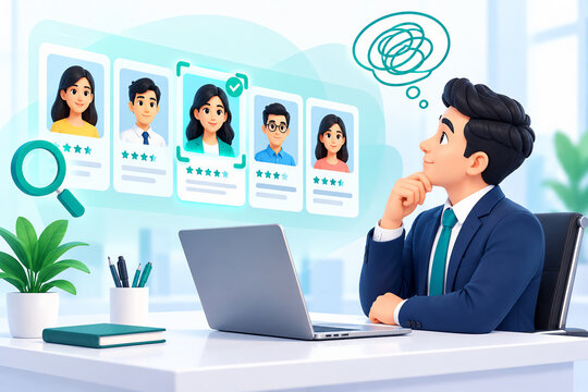 3D of a thoughtful businessman reviewing candidate resumes and selecting job applicants on a digital screen