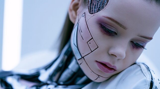 Close-up portrait of a woman cosplaying a cybernetic android with realistic silicone facial seams