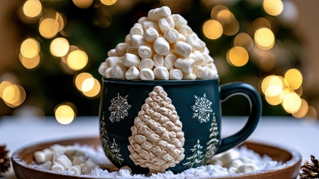 Dark teal mug with a pinecone Christmas tree design holds mini marshmallows on a snow-dusted tray