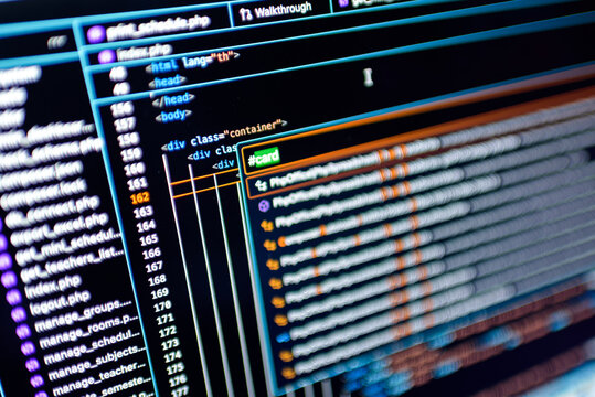 HTML and PHP source code syntax on code editor screen for frontend web development