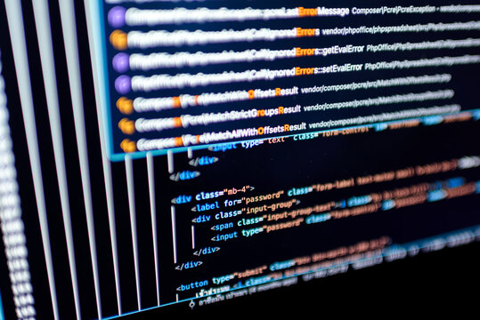 Software source code syntax for password login on computer screen illustrating frontend programming