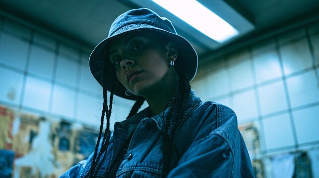 Portrait of a woman with braided hair wearing a bucket hat and oversized denim jacket, standing