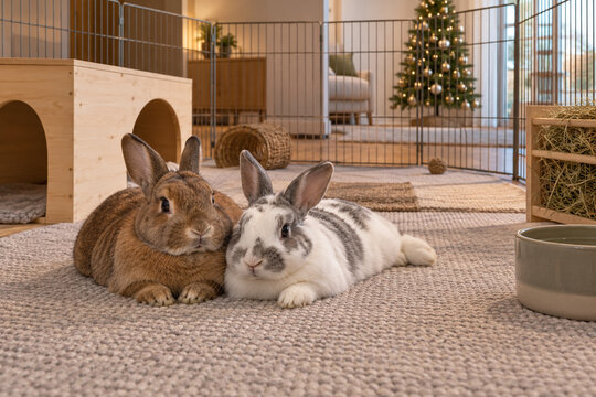 A pair of bonded rabbits rests in a spacious normal enclosure near