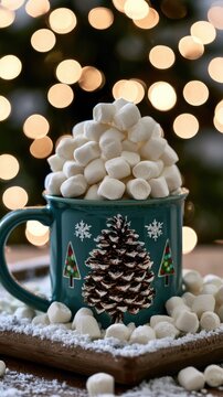 Teal mug with a pinecone tree design holds mini marshmallows on a snow-dusted tray at Christmas