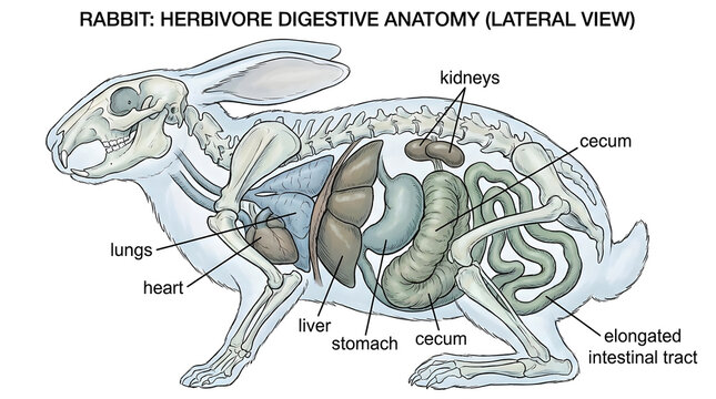 Lateral view of rabbit digestive system and internal skeleton anatomy