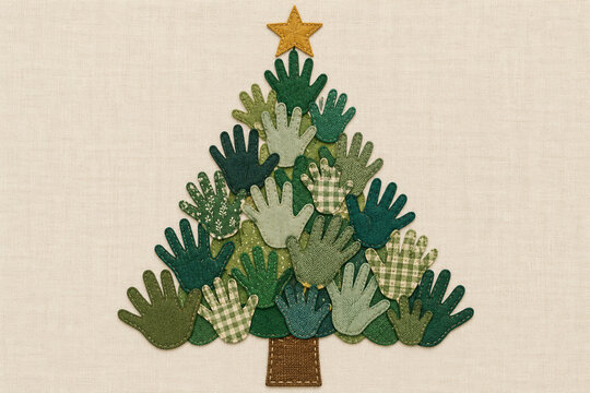 Textile-rendered patchwork Christmas tree is made of symbolic family