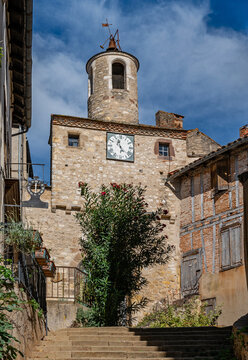 Cordes-sur-Ciel, France - The Porte de l&rsquo;Horloge (Clock Gate) is a historic mediaeval fortified gate in Cordes-sur-Ciel, a hilltop bastide town in the Tarn department of southern France.