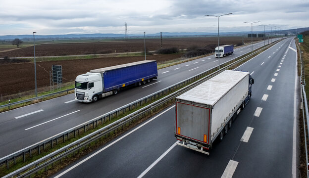 Semi-trailer trucks transporting freight along a multi-lane highway through a rural countryside under an overcast sky. Trucks passing each other.
