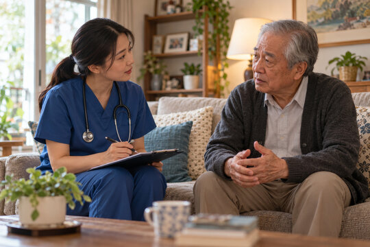 Nurse interviewing elderly man