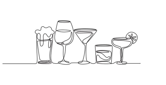 Video, Continuous single line drawing of various alcoholic drinks including beer glass wine glass martini and cocktail glasses, Full video animation ,full length 4k