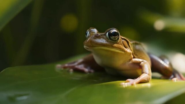 A small light brown frog with a yellowish belly, sitting on a large green leaf. Blurred dark green foliage background.