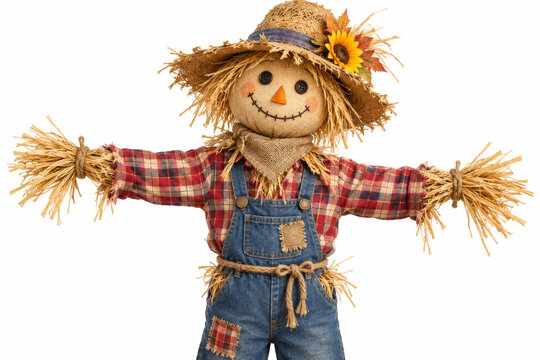 Smiling straw scarecrow isolated