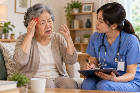 Nurse comforting distressed elderly woman