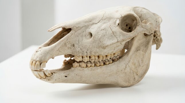 Detailed Horse Skull Showing Teeth Anatomy in a Clean Indoor Environment for Scientific Study and Educational Purposes