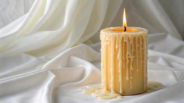 Handmade soy wax candle with organic drip patterns.