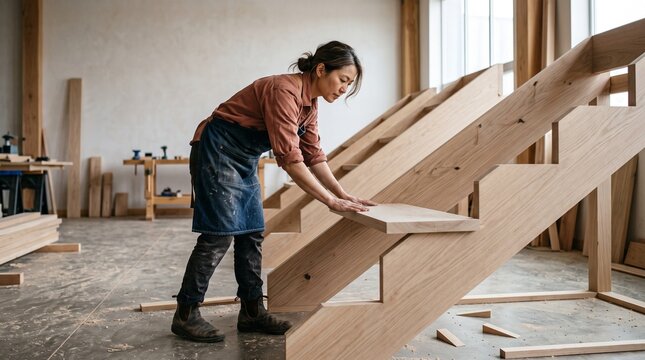 Woodworker aligning a stair tread on open stringers