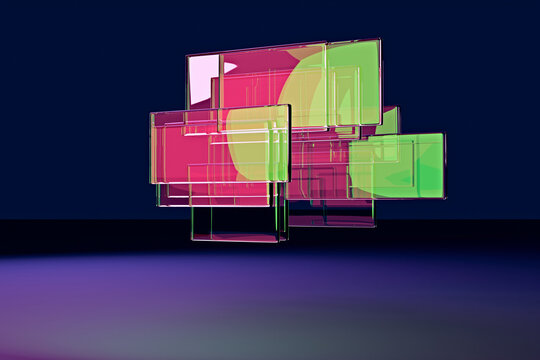 Hovering stack of 3D pink and green glass windows
