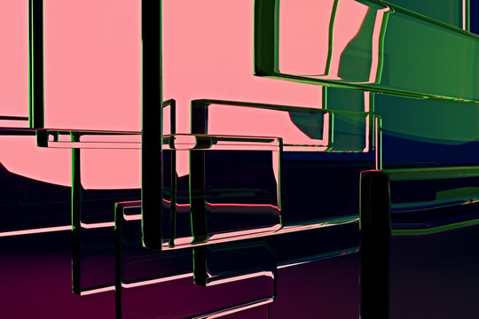 Macro of thick 3D glass frames against a salmon glow