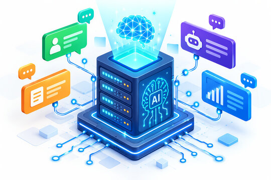 Isometric of an ai server connectivity hub with glowing brain hologram and floating data bubbles