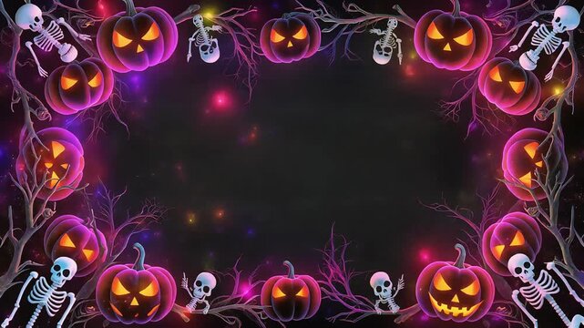 Glowing jack o lanterns and spooky skeletons frame a dark festive background for your holiday celebrations
