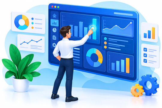 Interactive data dashboard analytics, 3D character interacting with financial charts and graphs