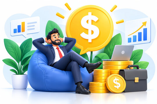 Relaxed businessman sitting in a blue beanbag chair surrounded by gold coins, laptop, briefcase, and financial growth charts in a 3D