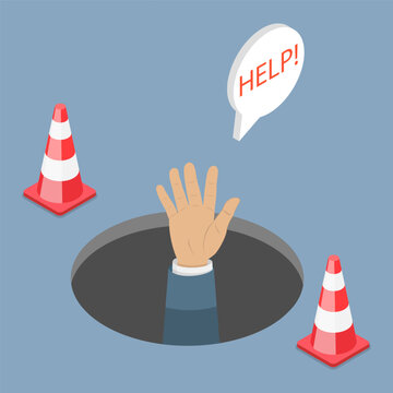 3D Isometric Flat Vector Illustration of Ask For Help, Entrepreneur Trapped In Pit Needs Assistance.