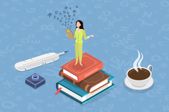 3D Isometric Flat Vector Illustration of Poetry, Poet Showcasing Original Poetry Themes