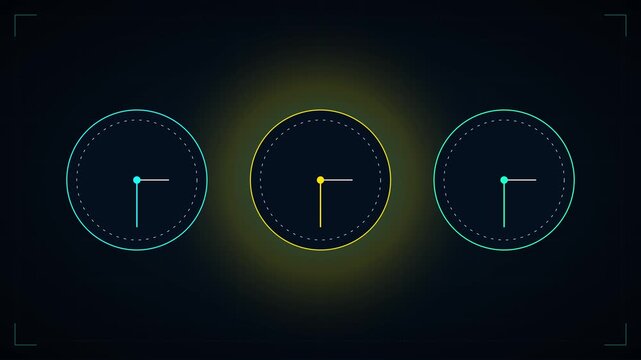 Triple clock ui animation: minimalist digital time interface for tech and business projects