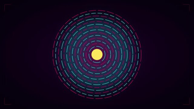 Abstract glowing concentric circles motion background, with pulsing neon, dash patterns