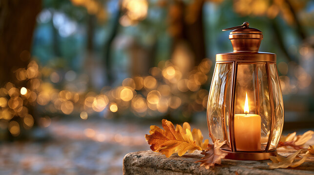 All Saints Day Grave Candle and Leaves with Copy Spac. All saints day, all souls day background.