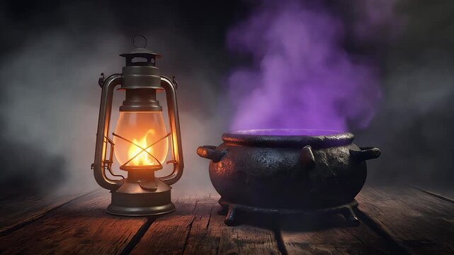 Glowing antique lantern and magical witch cauldron emitting mystical purple smoke on wooden table