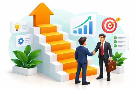 Two businessmen shaking hands in front of orange steps with upward arrow, growth charts, and target icon
